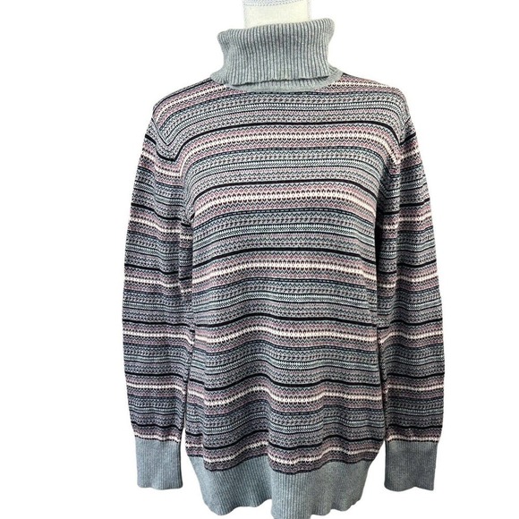 LL Bean Gray Fair Isle Turtleneck Sweater Size L Cotton Cashmere blend - Picture 2 of 12